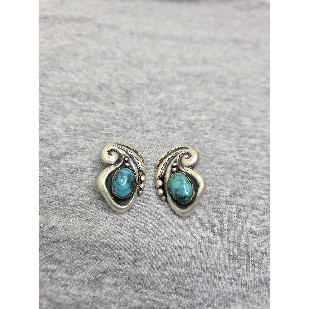 Vintage Carlos Diaz Navajo Sterling Silver Turquoise Signed Clip Back Earrings